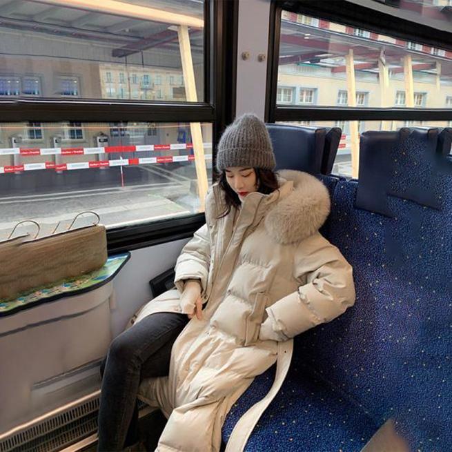 Winter Fluffy Big Fur Collar Down Jacket Long Over-knee Warm Cotton Jacket with Stand-up Collar Hooded Long Cotton Jacket Winter Thick Warm Jacket