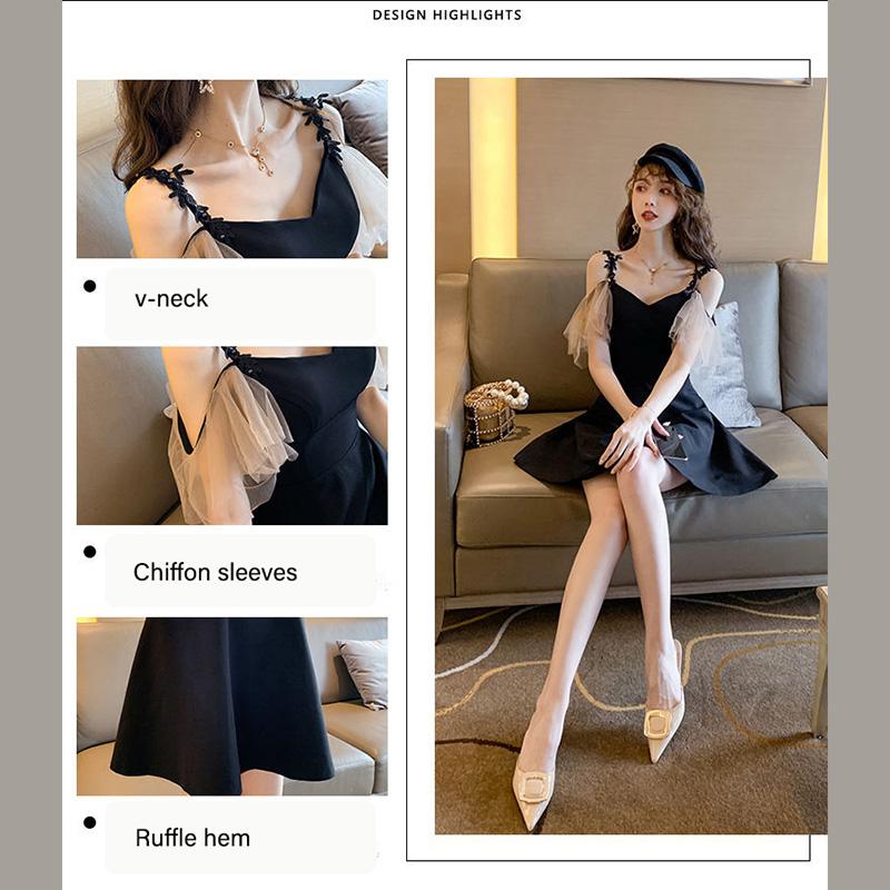 Sexy Woman V-neck Chiffon Sleeves Ruffled Sling  A-line dress Sleeveless Hollow Out Bare Shoulders Nightclub Bar Party
