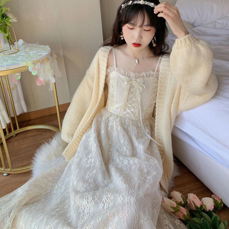 Summer Glitter First Love Long Skirt Female French Mid-length Lace Suspender Dress Little Fairy Temperament