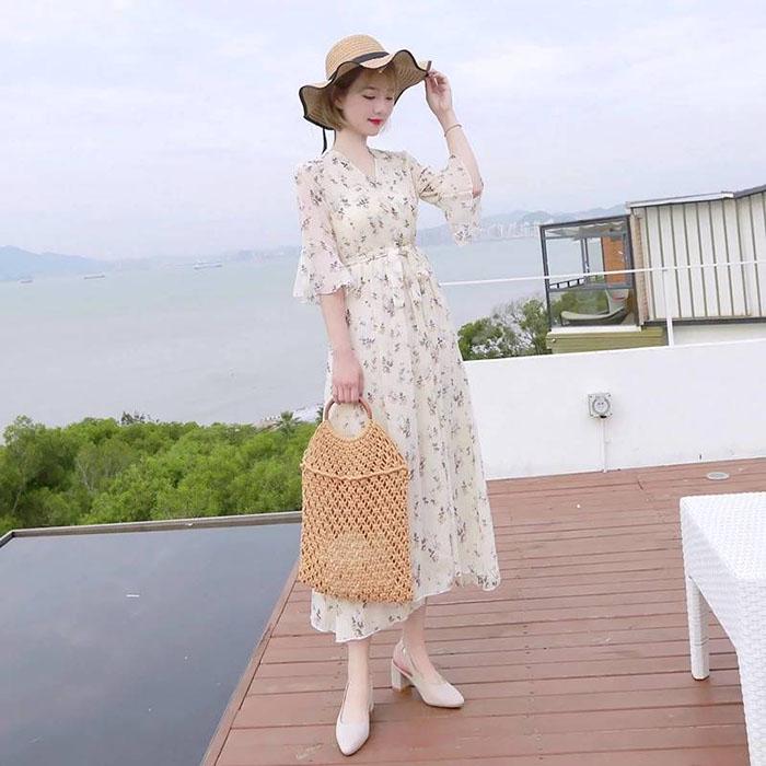 Pofulove Plus Size Women Summer Floral Chiffon Dress Slim Short Dress Over The Knee Sexy Dress