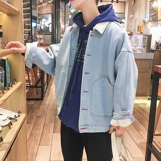 Lamb Plush Loose Denim Jacket Men's Clothing Autumn and Winter Plus Velvet Thick Denim Jacket Men's Trend
