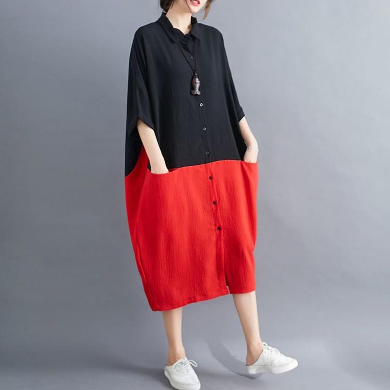 WTEMPO Plus Size Women Dress Summer Turn-down Collar Long Dress Casual Mid-calf Length Color Block Button