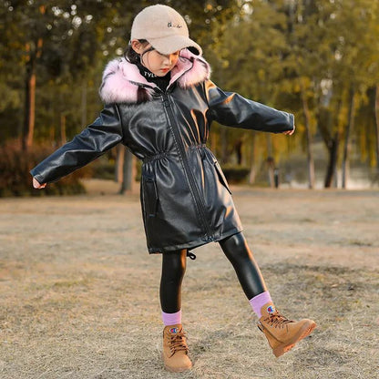 Girls Plus Velvet Thick Mid-length Winter Clothes Windbreaker Warm Coat with Large Fur Collar