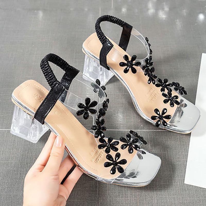 Women's Summer Roman Sandals All-match Fashionable Women's Shoes Crystal Transparent Chunky Heel High Heels