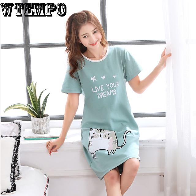 Nightgown Female Summer Cotton Short Sleeve Lovely Nightgown Middle Skirt Summer Cartoon Loose Dress