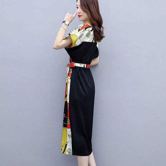 Women's Summer Short Sleeve Dress Slim Print Round Neck Skirt Slit Lace Up