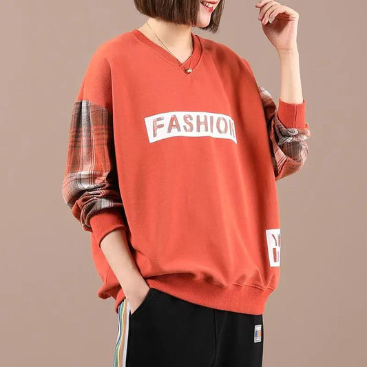 Sweatshirts Women's Spring and Autumn Large Size Loose V-neck Letter Printing Casual Plaid Stitching Long-sleeved Sweater