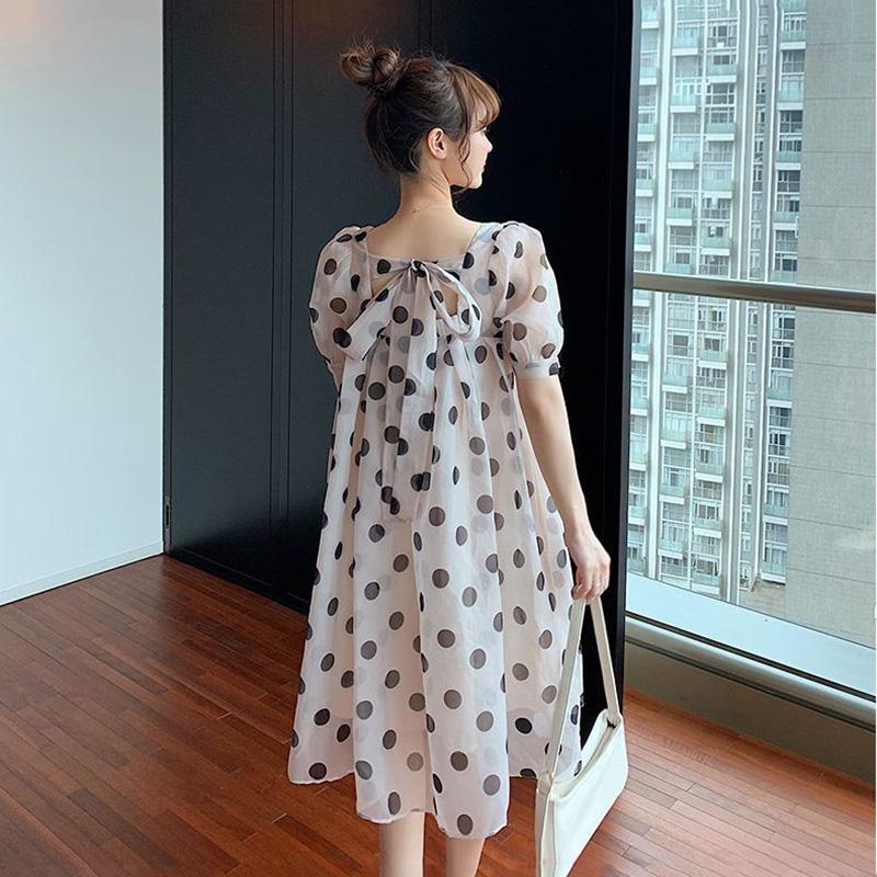 WTEMPO Plus Size M-XXXXL Women Dress Summer Puff Sleeve Casual Polka Dot  Knee-length Dress