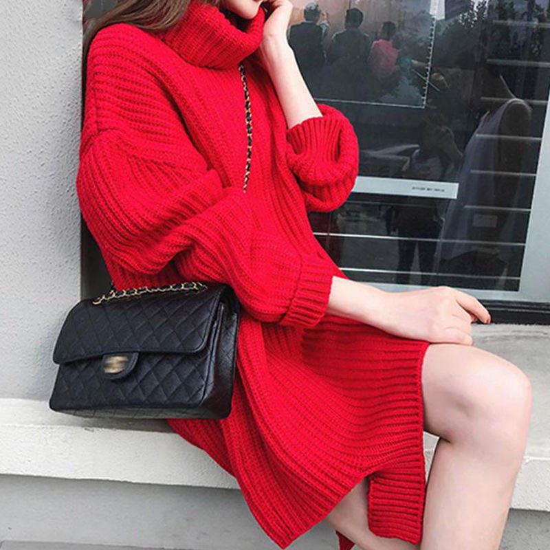 Mid-length High-neck Women's Sweater Winter Thickening Warmth Loose Fashion Red Sweater