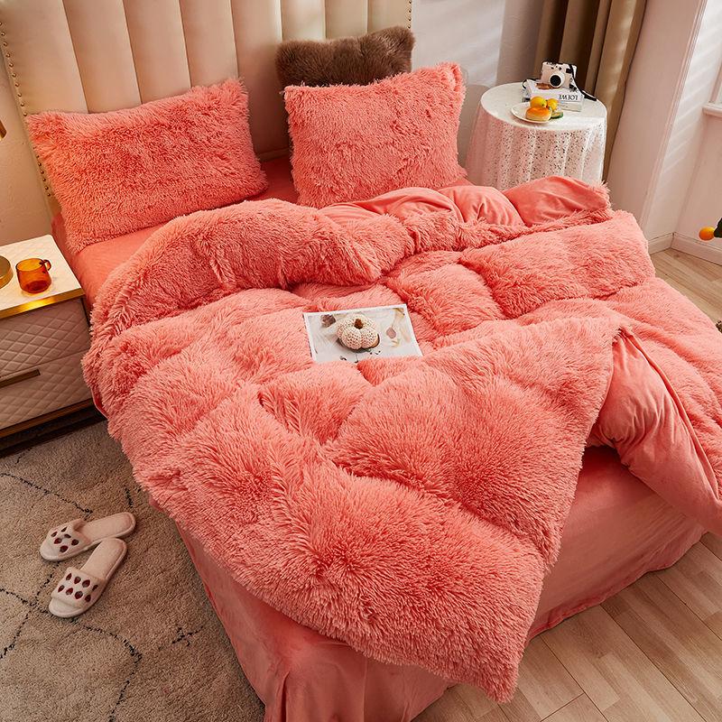 Coral Fleece Four-piece Set Mink Fleece Thick Flannel Double-sided Fleece Plush Quilt Cover Crystal Fleece Home Bedding Set