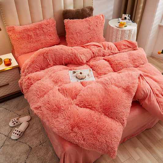 Coral Fleece Four-piece Set Mink Fleece Thick Flannel Double-sided Fleece Plush Quilt Cover Crystal Fleece Home Bedding Set