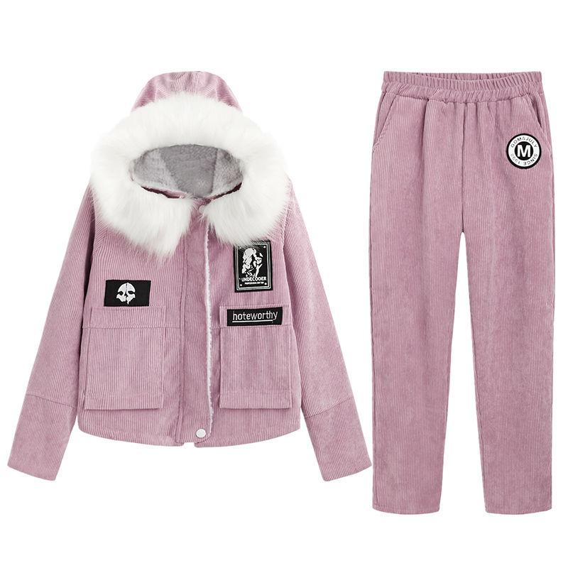 2pcs/set Winter Parka Women Fleece Liner Hooded Parka Coat+ Pant Two-piece Set Ladies Causual Warm Jacket   Outwear Outfits