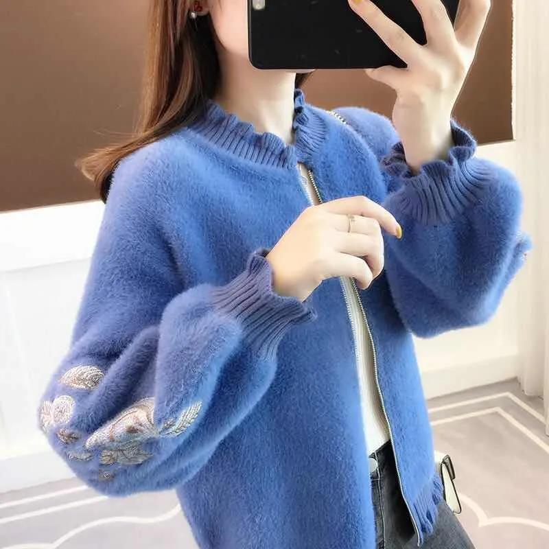 Imitation Mink Velvet Embroidered Ruffled Cardigan Women's Spring and Autumn Style Lazy Style Loose Sweater Zipper Long-sleeved Knitted Jacket