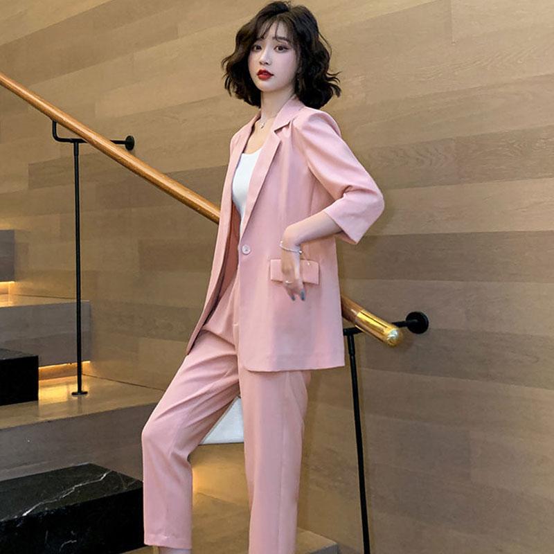 2PCS Women's Solid Color Suits Set Ladies Suit Thin Jacket + Loose Casual Pants Two-piece  Spring and Autumn Large Size Fat Girl Slimming Suit