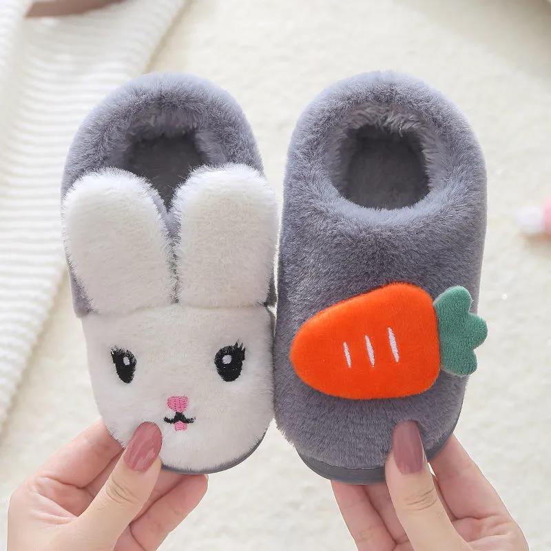 Kids Fur Slides Kids Shoes Autumn Winter Indoor Non-slip Cute Rabbit Cotton Home Slippers Baby Girls Slippers