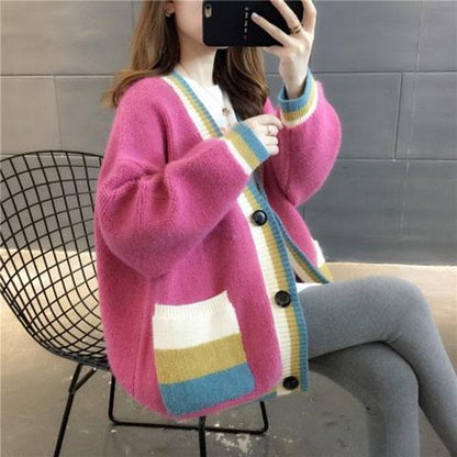 Knitted Cardigan Sweater Fashion Simple Loose Jacket Autumn and Winter Mid-length Women's Top