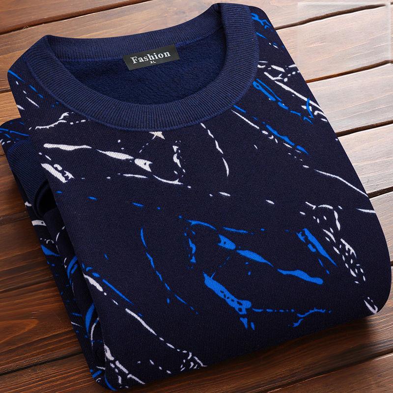 Autumn and Winter Men's Plus Velvet Padded Sweater Men's Warm Hedging Round Neck Long-sleeved Shirt Sweater Printing Casual Clothes