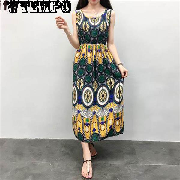 WTEMPO Beach Holiday Dress Sleeveless Long Skirt Female Summer Bohemian Printed Beach Dress Floral