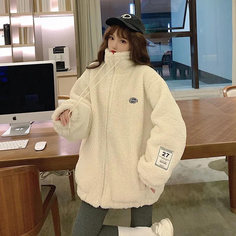 Winter Women's Plus Fleece Stand Collar Polar Fleece Jacket Korean Version Plus Cotton Thick Mid-length Lamb Fleece Jacket