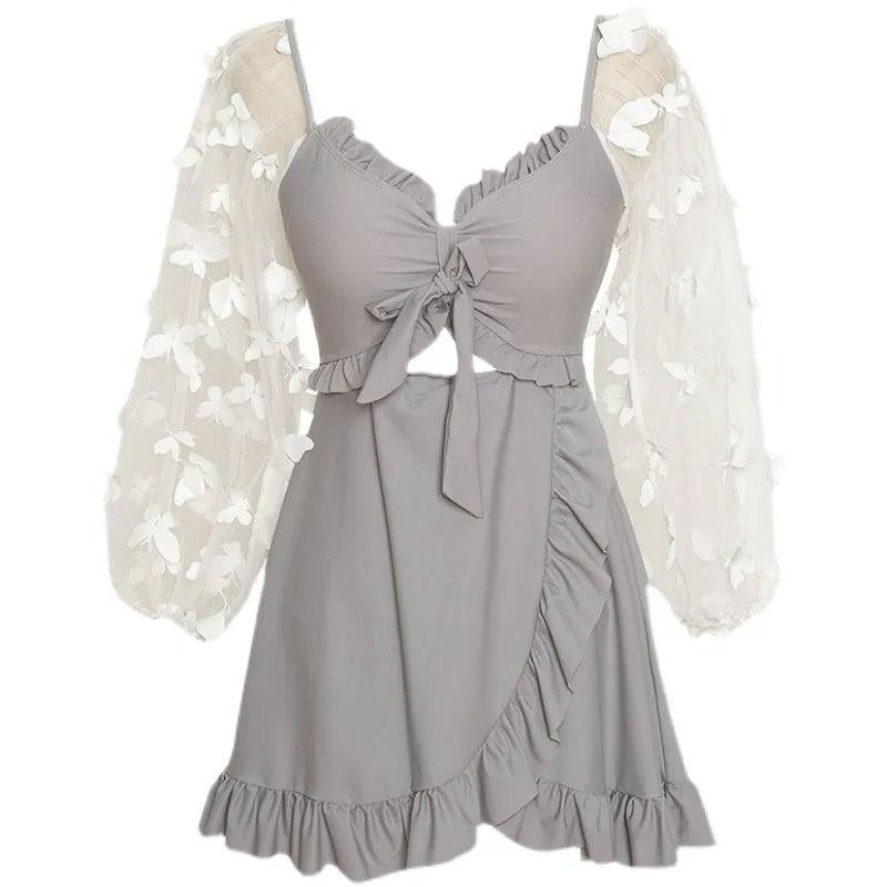 Lace Mesh Sleeve Swimsuit Women's One-Piece V-Neck Pleated Irregular Hem Beachwear Summer Sunscreen Cover Belly Slim One Piece Large Size Swimwear