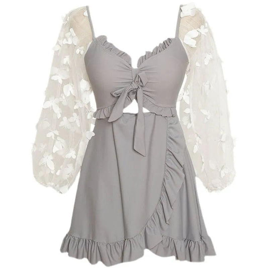 Lace Mesh Sleeve Swimsuit Women's One-Piece V-Neck Pleated Irregular Hem Beachwear Summer Sunscreen Cover Belly Slim One Piece Large Size Swimwear