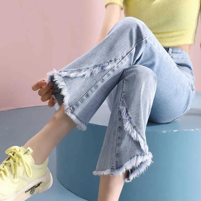 Spring and Summer Flared Pants Women's Thin High-waisted Slim Jeans Vertical Straight-leg Pants Raw Edge Nine-point Wide-leg Pants