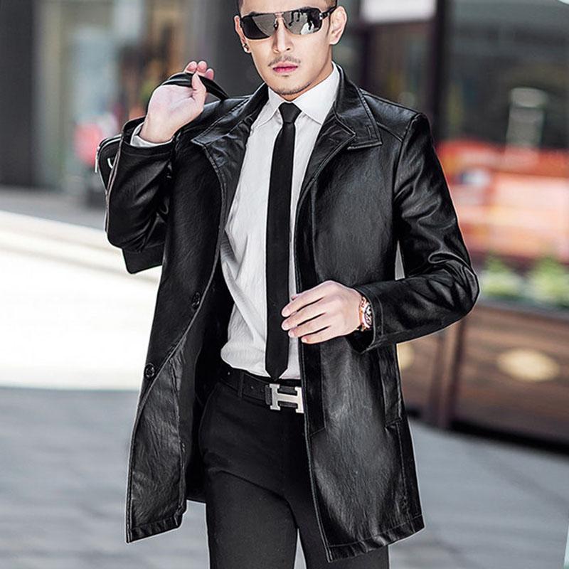 Men's Business Leather Jacket Mid-length Coat Windbreaker Jacket Men European and American Casual Winter Men