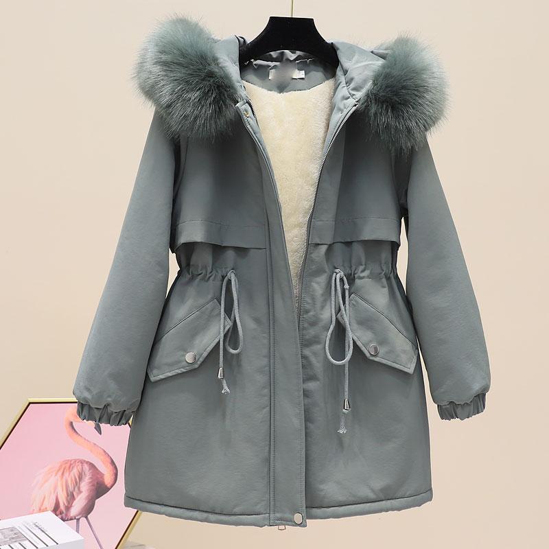 Imitation Hair Parker Overcoming Women's Mid-length Plus Velvet Thick Hooded Waist Waist Tooling Cotton-padded Jacket