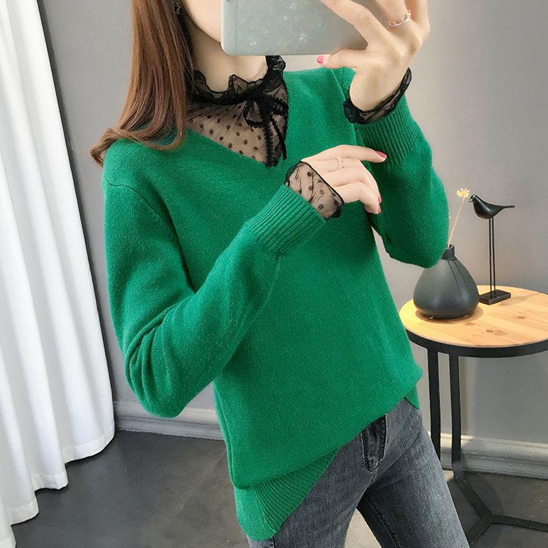 Spring and Autumn Fashion Sweater Lace Stitching Bottoming Shirt Women's Solid Color Long-sleeved Thin Knitwear