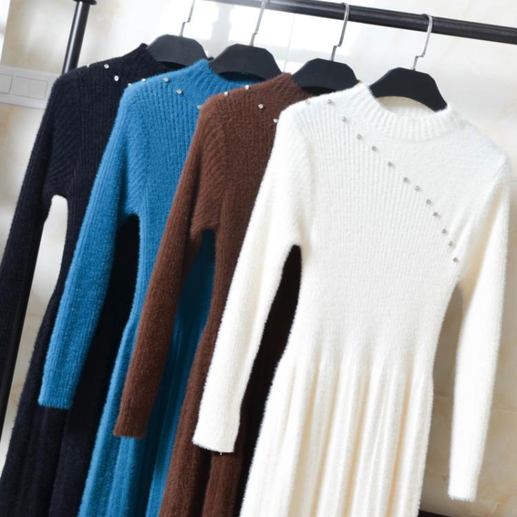 Casual Lady Black Knitted Bottoming Shirt Mink Sweater Long Sleeve O-Neck Pullover Winter Long Dress