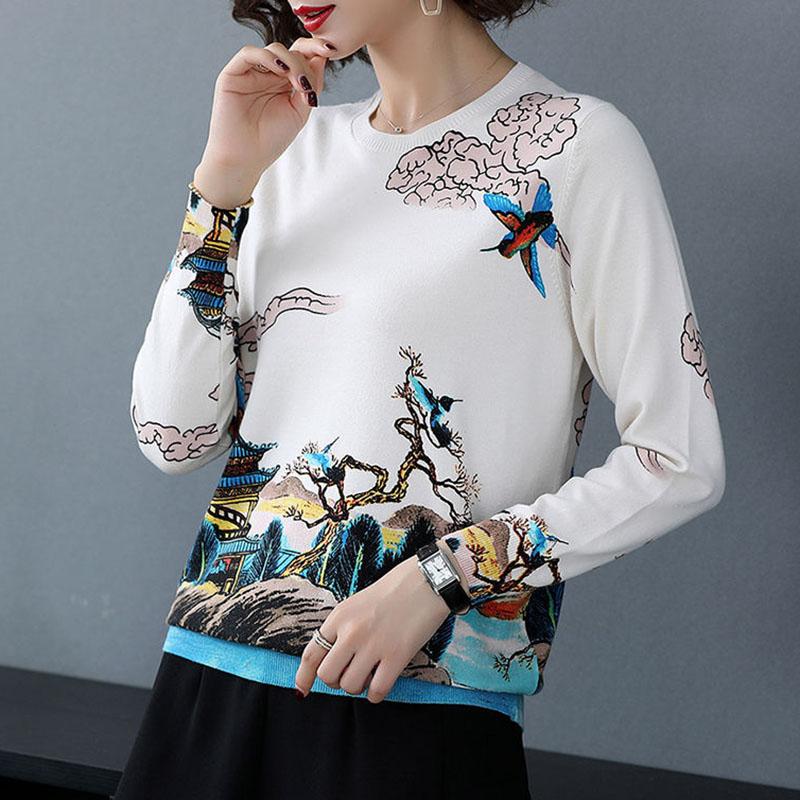 Autumn Winter 3D Printed Woolen Sweater Vintage Knit Bottoming Sweater Warm Plus Size Wool Blend Jumper Tops