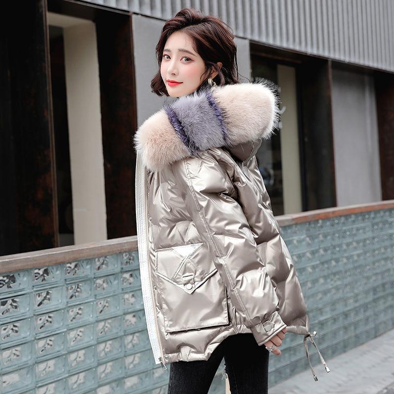 Women's Down Jacket Coat with Real Fur Collar, Short Padded Warm Hooded Female Leather Jacket