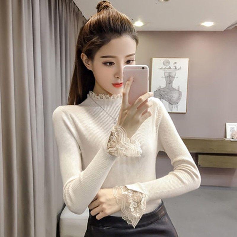 Autumn and Winter Slim-fit Sweater with Lace Trim and Thin Pullover Jacket Fashion Casual Young Women's Top