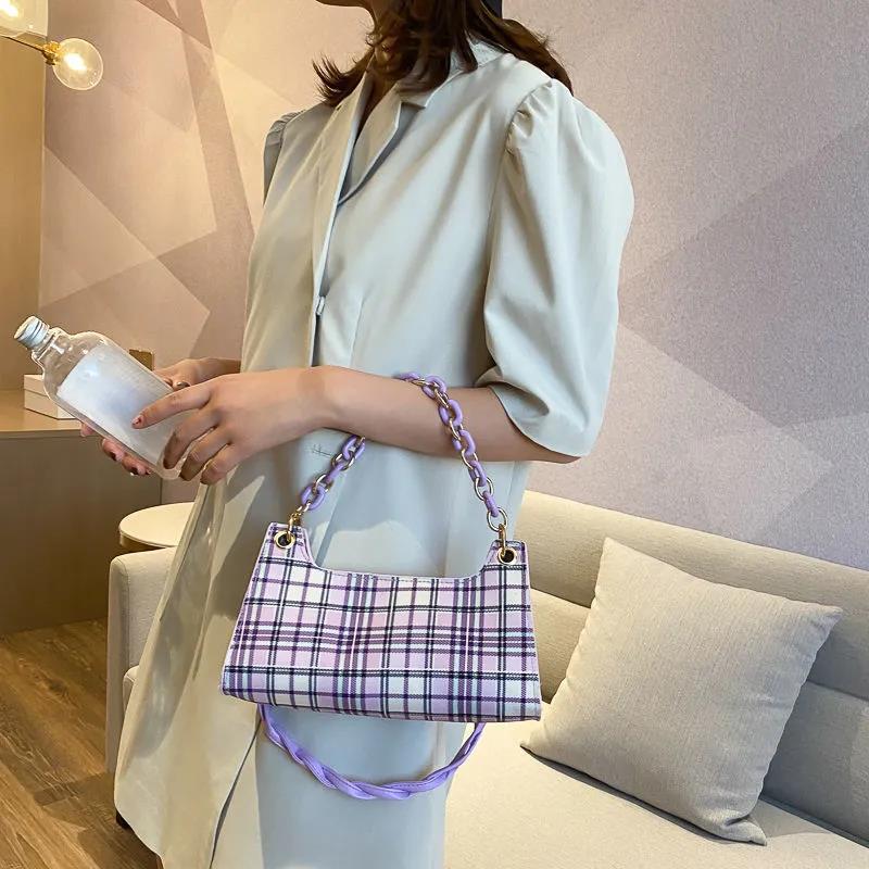 Check Lattice PU Leather Armpit Bag for Women Shoulder Handbags Lady Simple Elegant Baguette Bag