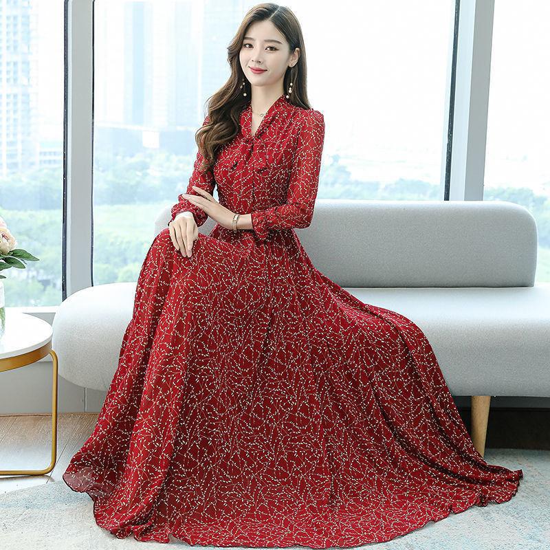Chiffon Bowknot Dress Printed Base Dress Long Sleeve Floral Big Swing Long Skirt Large Size Women's Clothing Waist Waist Thin Thin Fabric