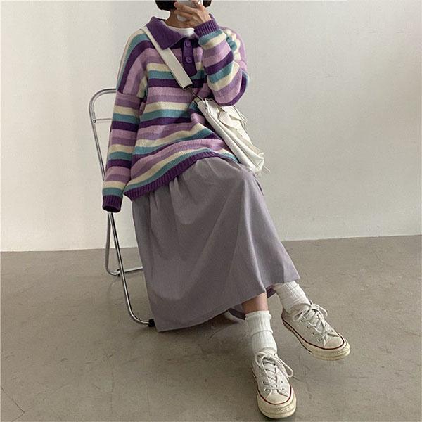 Autumn and Winter College Style Color Stripes Student Loose Mid-length Coat Sweater Women