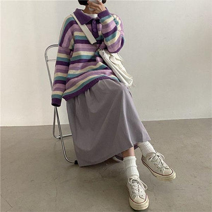 Autumn and Winter College Style Color Stripes Student Loose Mid-length Coat Sweater Women