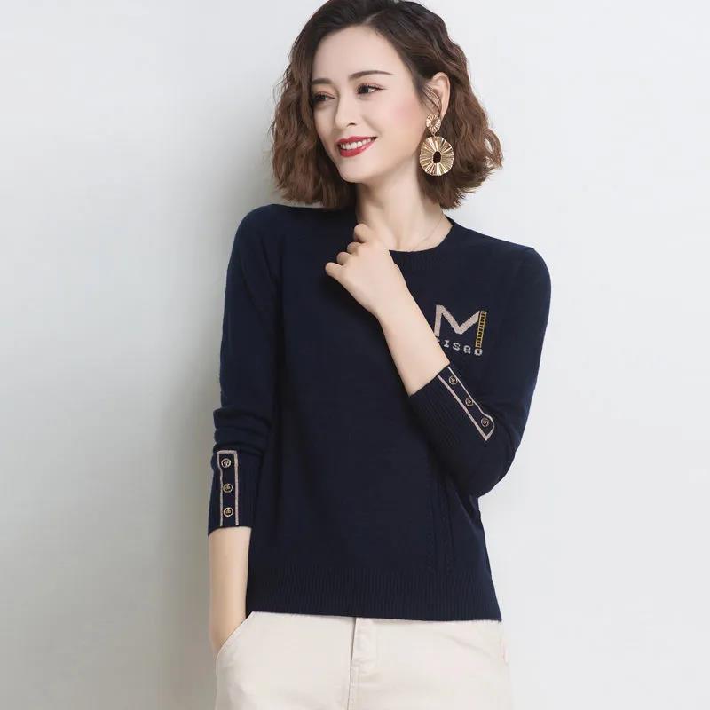 Women's Basic Solid Color Crewneck Sweater Fashion Button Cuff Loose Plus Size Sweater