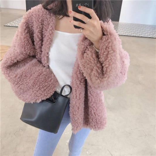 Harajuku Coat Women Long Sleeve Crew Neck Imitation Lambskin Jacket Casual Loose pink Outwear