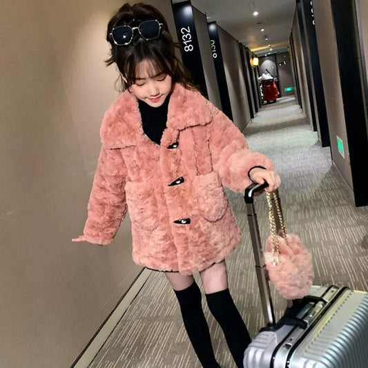 Girls Lamb Wool Coat Fur Winter Clothing Plush Thick Warm and Windproof Jacket