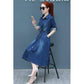 Denim Dress Women's Spring and Autumn Waist Tightening Long-sleeved Mid-length A-line Dress