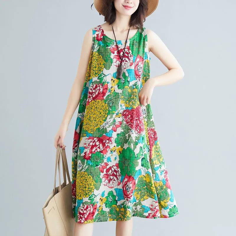 Women's Skirt Printed Sleeveless Round Neck Dress Summer Loose Mid Length Dress