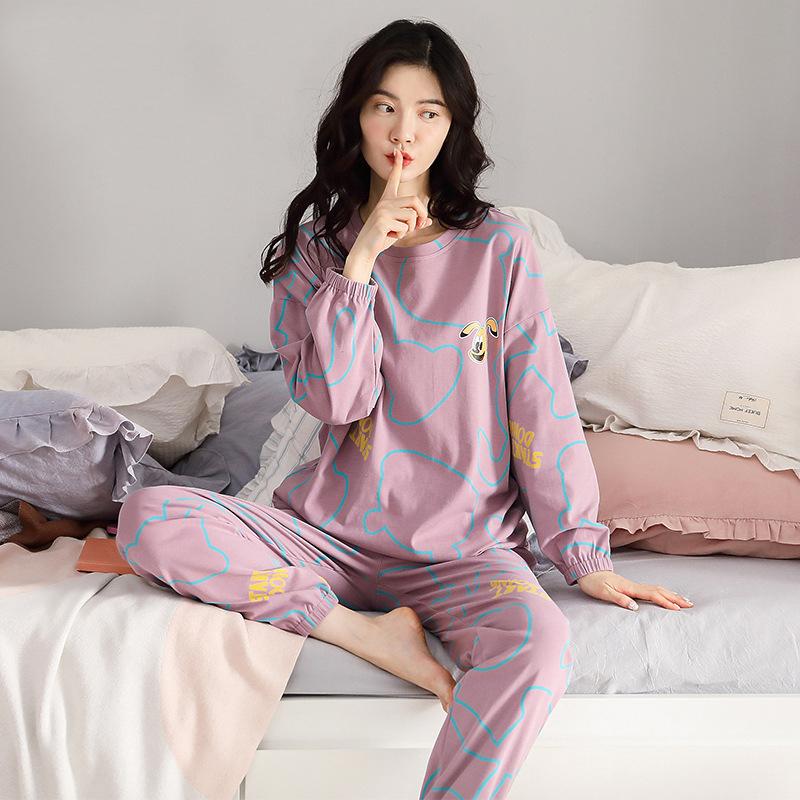 Women Cotton Pajamas Set Cartoon Cute Female Pyjamas Suit Long Sleeve Sleepwear Tops and Pants Sets Home Wear Casual Loose Pullover Nightwear