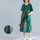 Retro Literary Plus Size Loose and Thin Short-sleeved Dress Female Mid-length V-neck Plaid Skirt Fabric Light and Breathable Plus Size Dress