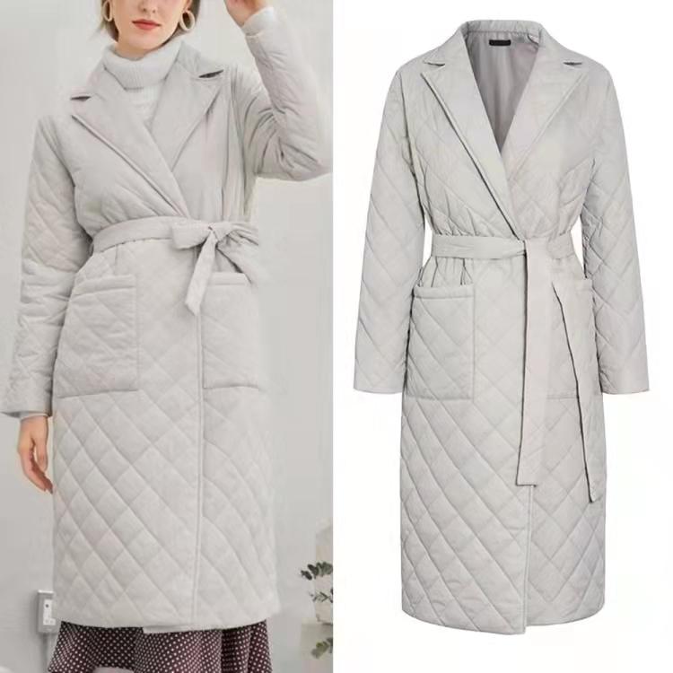 Long Straight Winter Coat with Rhombus Pattern Casual Sashes Women Parkas Deep Pockets Tailored Collar Stylish Outerwear
