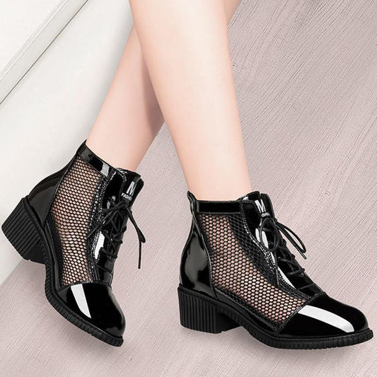 Ladies Mesh Breathable Cool Boots Spring and Autumn Middle Heel Lace Back Zipper Hollow Single Boots Thick Heel Martin Boots Women