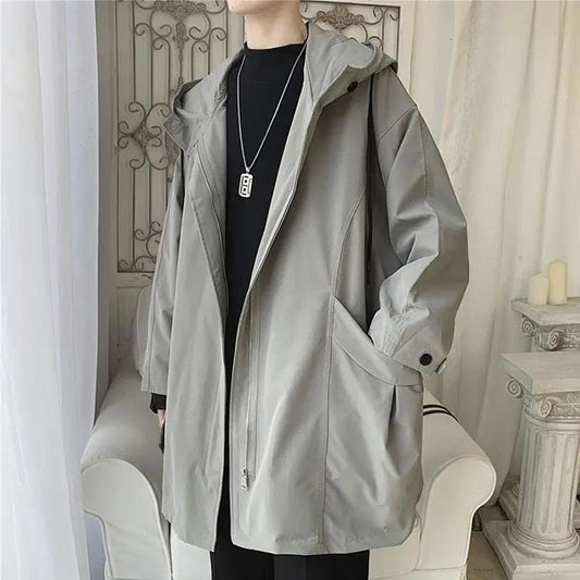 WTEMPO Men Hooded Windbreaker Solid Color Coat Casual Loose Jacket Trend Comfortable Parka Long