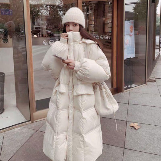 Mid-length Loose Bread Jacket White Duck Down Jacket Women Long Over The Knee Thick and Warm Loose