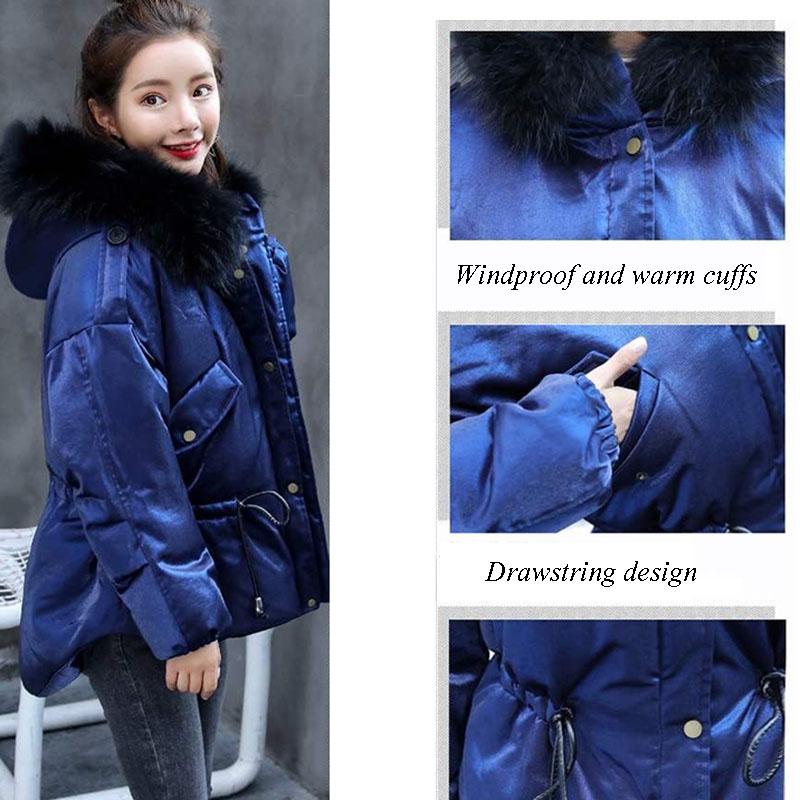 Autumn Winter Women's Cotton Jacket Hooded Parkas with Fur Collar Casual Drawstring Thick Shiny Winter Jacket