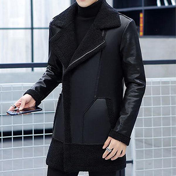 Men's Mid-length Leather Jacket Slim-fit Korean Style Handsome Winter Plush Thick Fur Coat